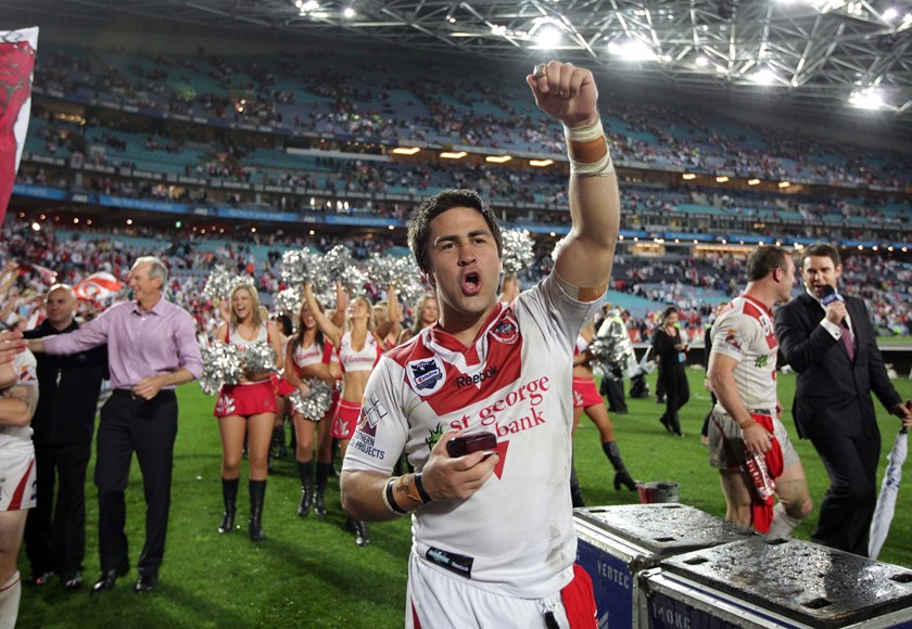 Soward rejoices with the Red V faithful at ANZ Stadium on grand final night.