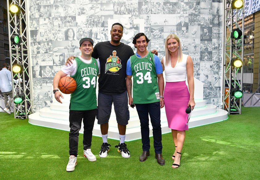 Soward with one of his heroes, Boston Celtics legend Paul Pierce, as well as Cowboys great Johnathan Thurston and NRL.com's Katie Brown in 2019.