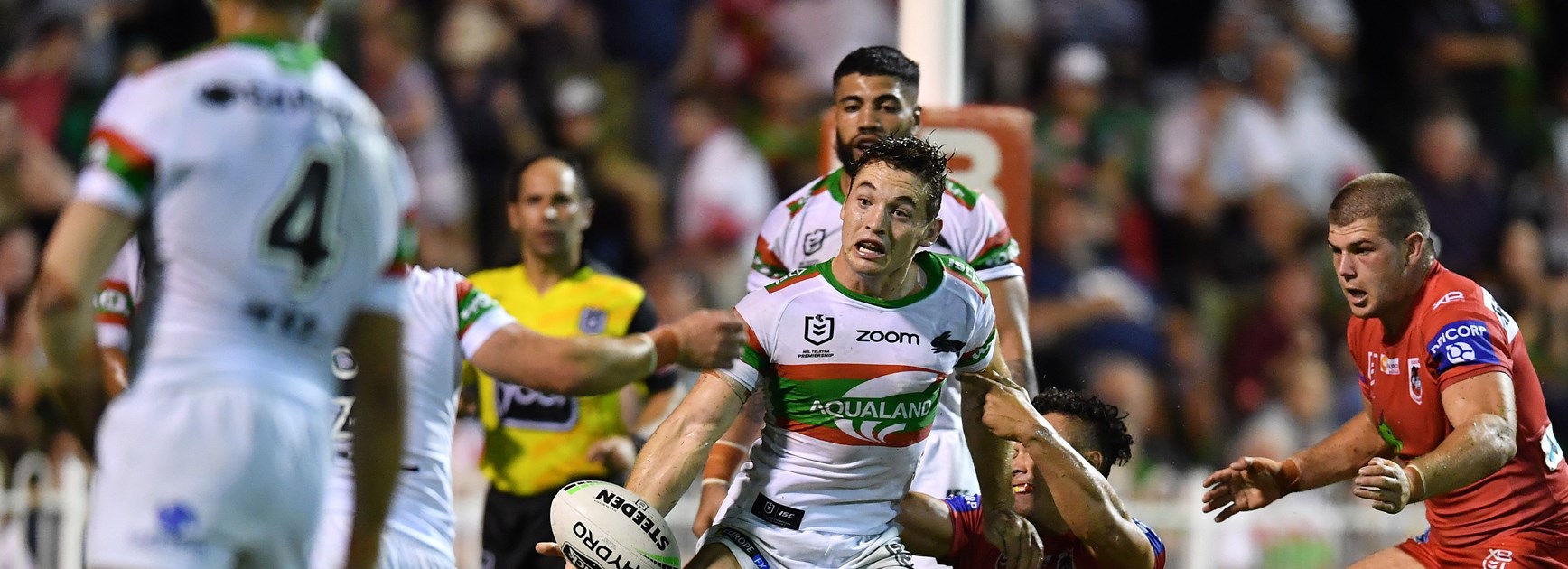 Rabbitohs back-rower Cameron Murray passes against the Dragons at the NRL Nines in Perth.