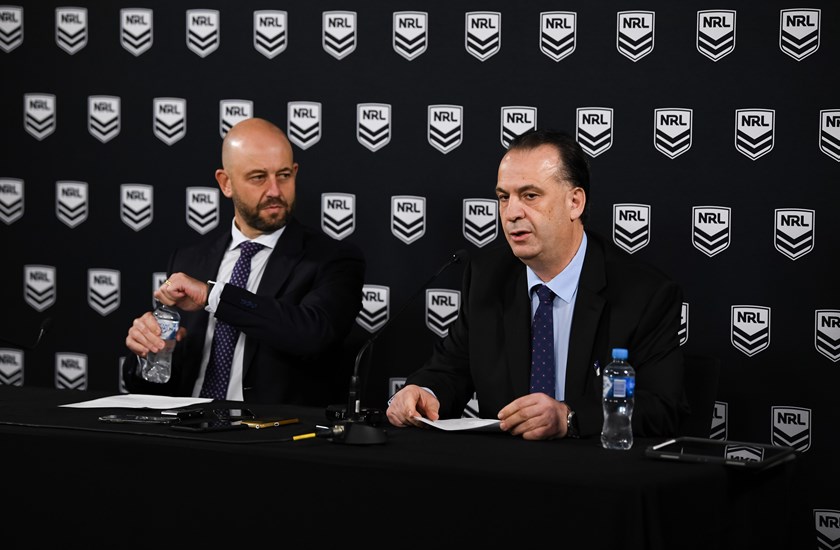 NRL CEO Todd Greenberg and ARL chairman Peter V'landys at Rugby League Central.
