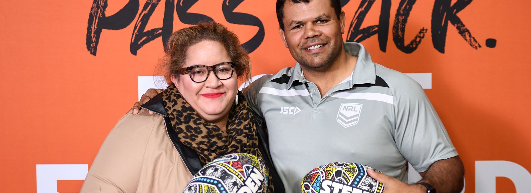 Megan Davis and Dean Widders at the 2020 NRL Indigenous Round launch.