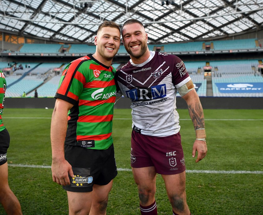 Bayley and Curtis Sironen after a clash between Souths and Manly in 2019.