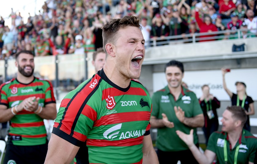 Liam Knight celebrates a memorable Bunnies comeback against the Warriors in 2019.
