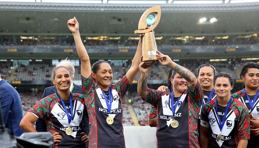 The Kiwi Ferns celebrate their success in the 2015 Auckland Nines.