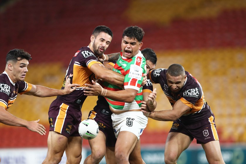 Rabbitohs fullback Latrell Mitchell spills the pill against Brisbane in round two.
