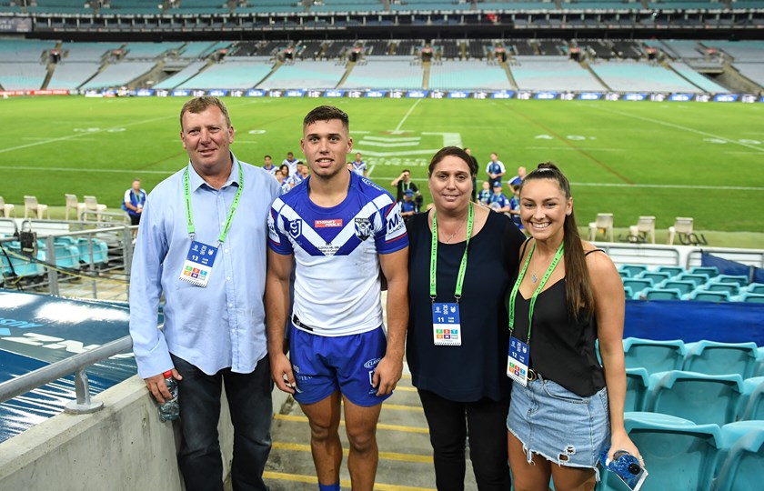 Bulldogs rookie Jake Averillo with father Mick, mother Bev and girlfriend Charli.