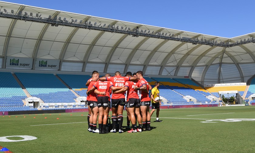 The Warriors form a huddle before Saturday's clash with Canberra on the Gold Coast.