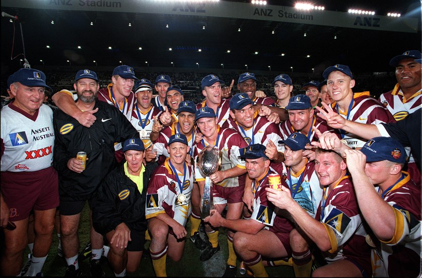 Brisbane celebrate after beating Cronulla in the 1997 Super League grand final.