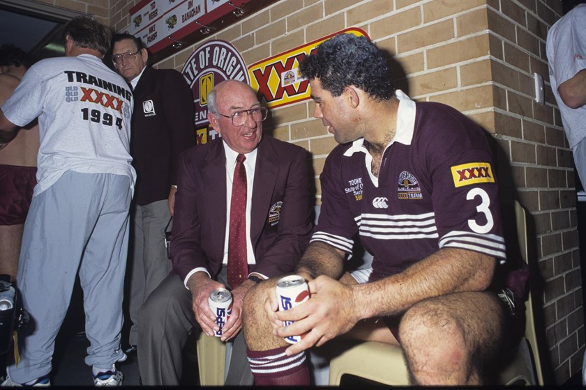 Maroons chairman Dick "Tosser' Turner and Mal Meninga celebrate in the SFS sheds after Origin I in 1994.