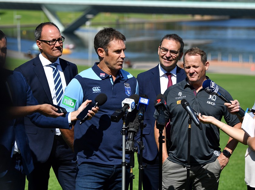 Brad Fittler and Kevin Walters at the launch of the 2020 State of Origin series in Adelaide.