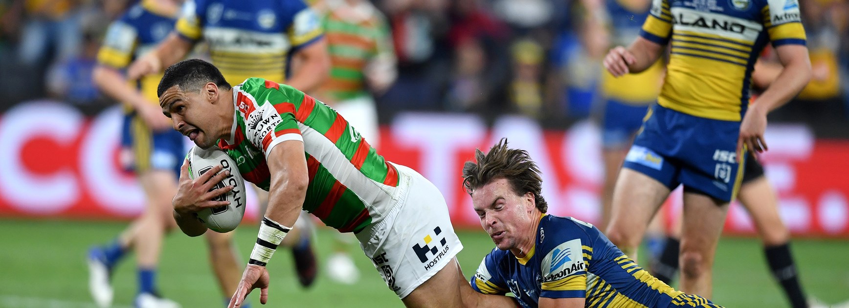 Cody Walker is hard to handle for Eels fullback Clint Gutherson.