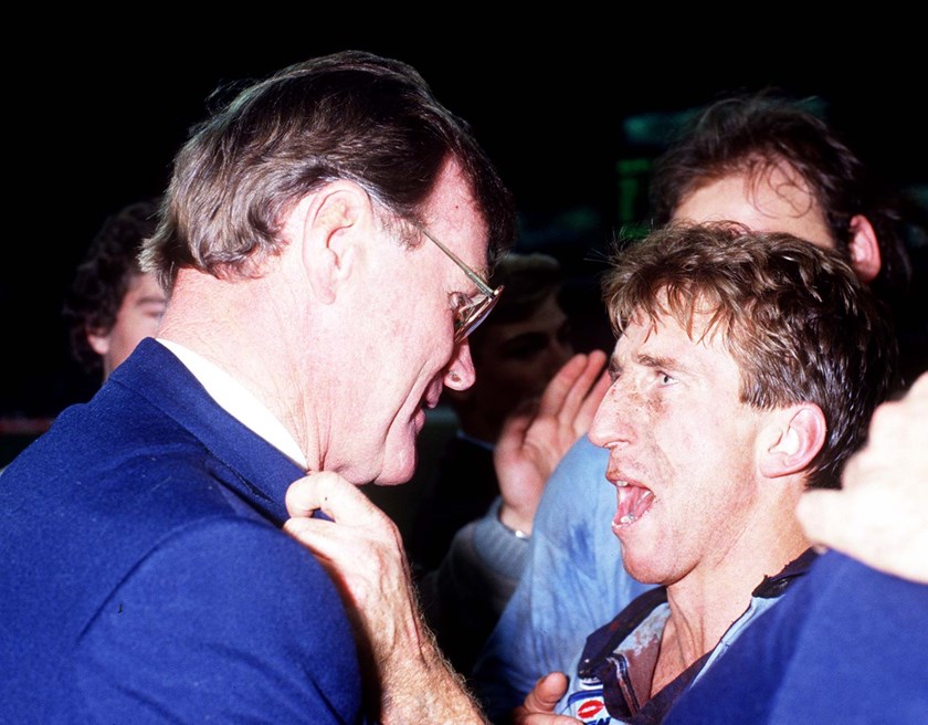 Blues coach Terry Fearnley and captain Steve Mortimer lap up the 1985 series win.
