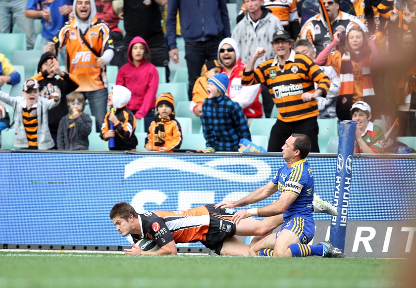 Wests Tigers centre Blake Ayshford crossed for a double against the Eels in 2011.