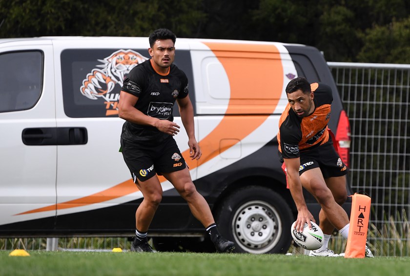 Benji Marshall touches down at Tigers training on Thursday.