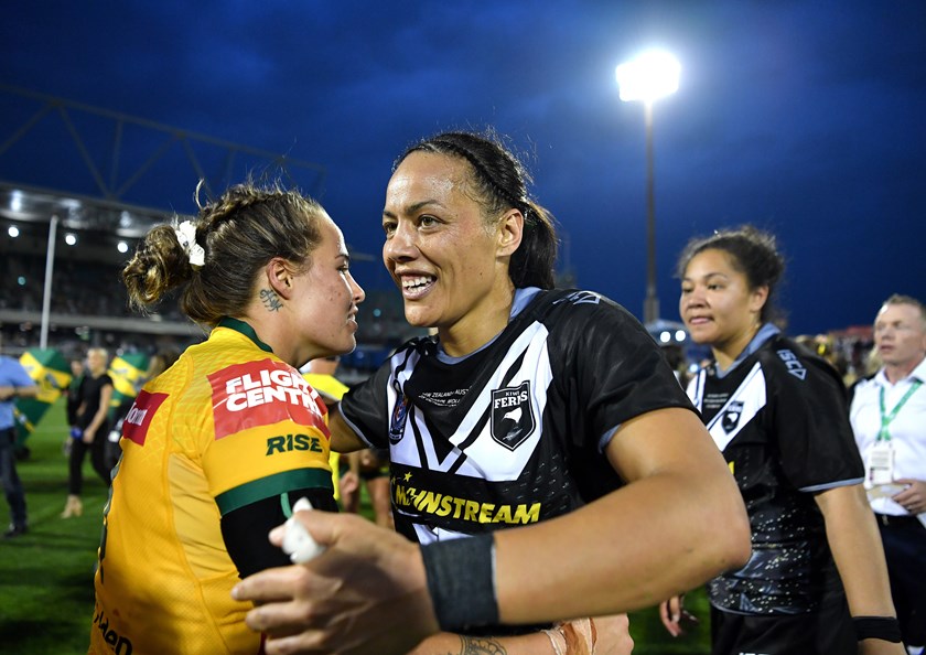New Zealand veteran Honey Hireme-Smiler with Jillaroos opponent Isabelle Kelly in Wollongong after their 2019 Test.