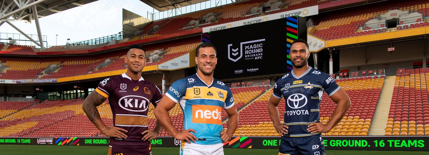 Jamayne Isaako, Corey Thompson and Justin O'Neill at the launch of Magic Round.