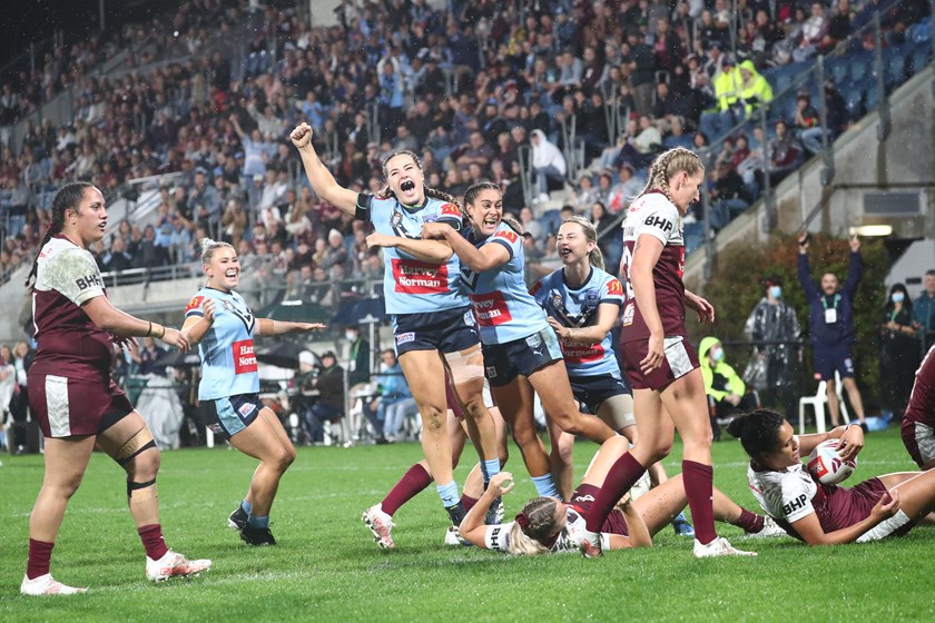 Isabelle Kelly celebrates a try for NSW.