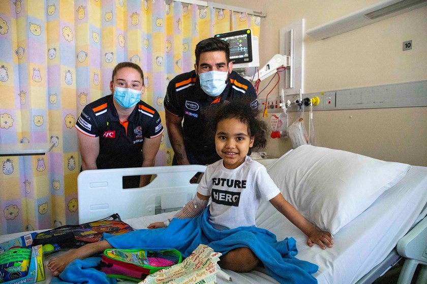 Tigers stars Sophie Curtain and James Tamou at Campbelltown Hospital