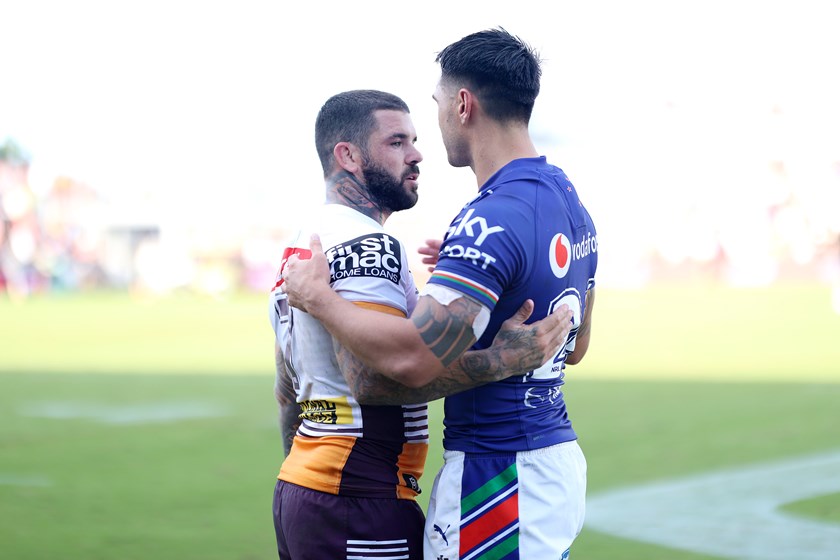 Rival halfbacks Adam Reynolds and Shaun Johnson after the Broncos-Warriors clash