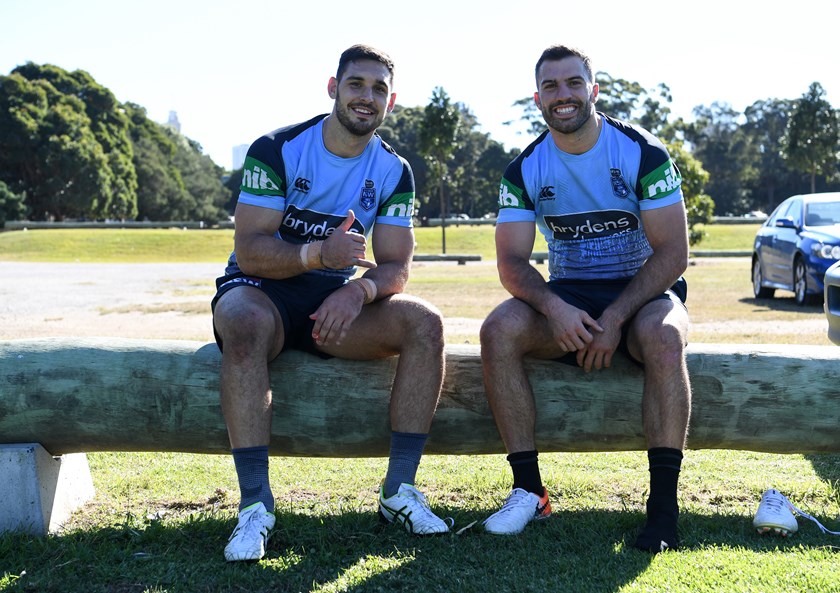 Ryan Matterson and James Tedesco pose after training during the 2019 series.