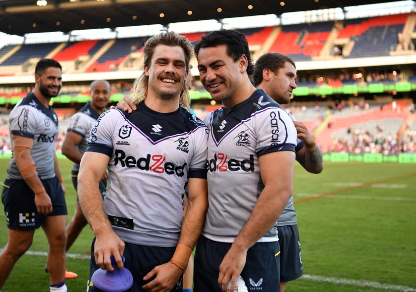 Ryan Papenhuyzen and Jahrome Hughes celebrate a win against the Knights earlier this year.