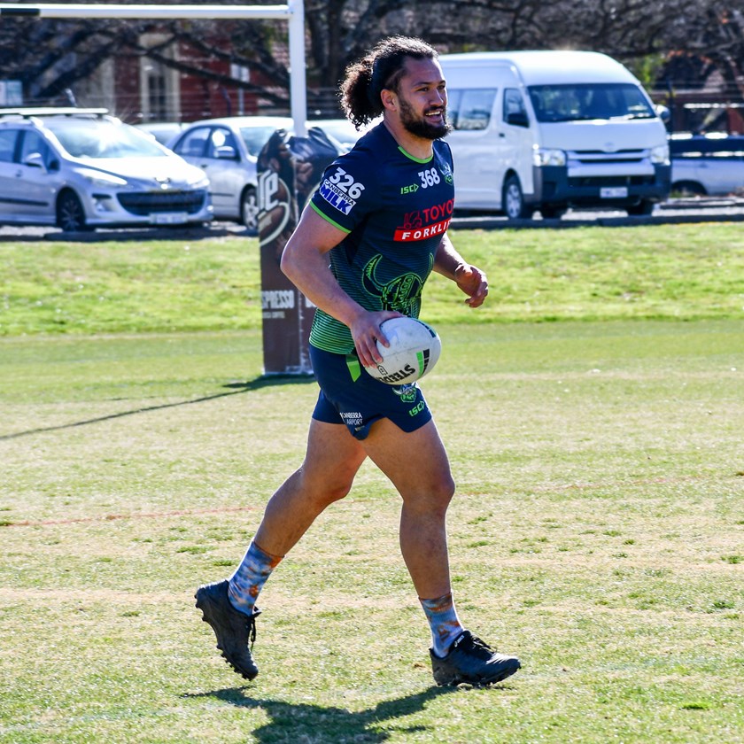 Corey Harawira-Naera wears the numbers 326 on his training jersey as respect to former Raider Sia Soliola.