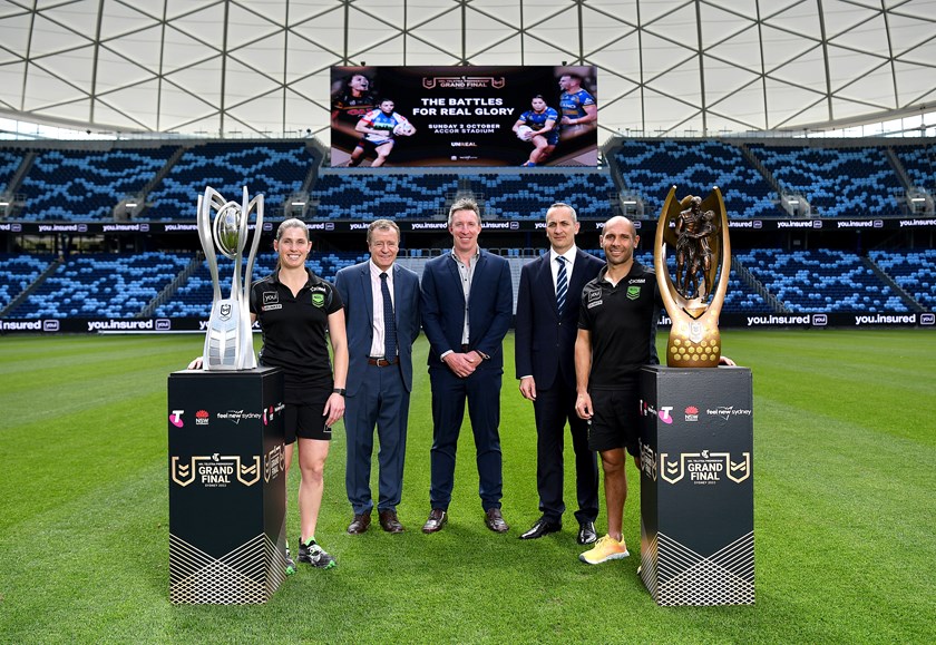 Grand Final referees Kasey Badger and Ashley Klein with Head of Football Graham Annesley, Head of Elite Officiating Jared Maxwell and NRL CEO Andrew Abdo.