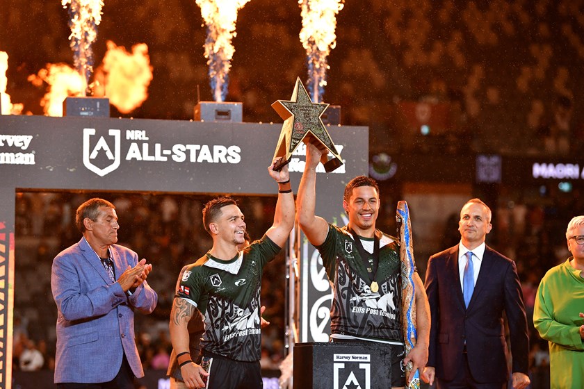 Maori All Stars co-captains Kodi Nikorima and Jordan Rapana celebrate with the trophy.