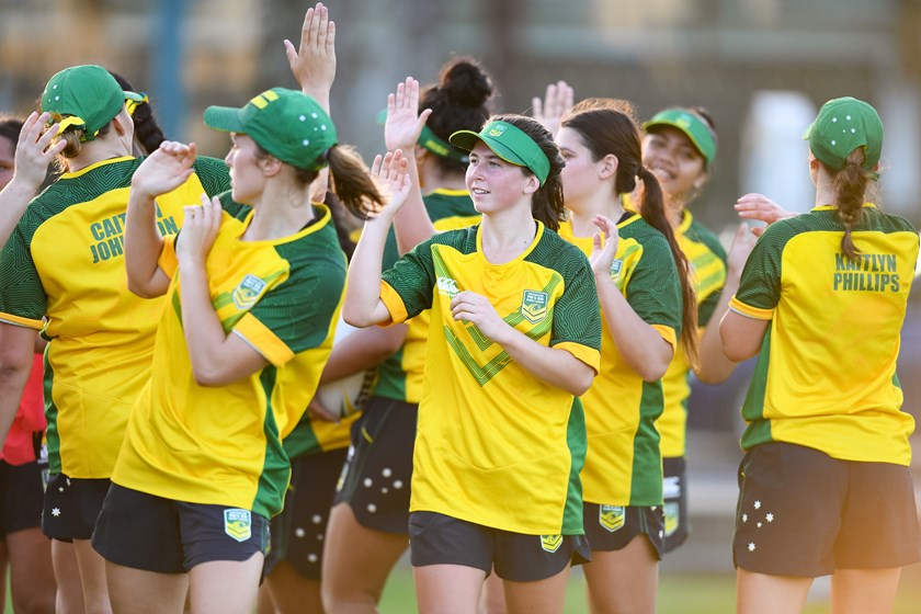 Quincy Dodd and women's PM's XIII players at training ahead of their game in 2019.