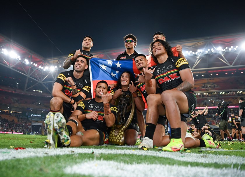 Penrith's Samoa contingent celebrate after last year's grand final