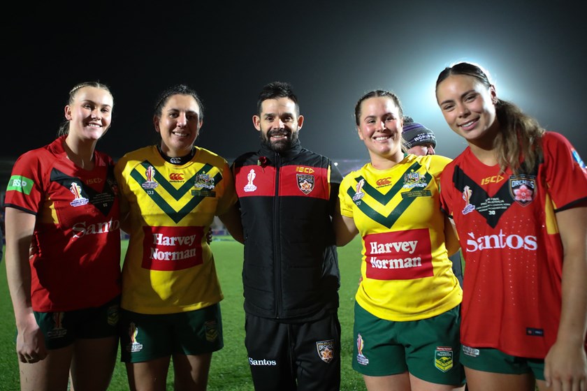 Keilee Joseph with coach Ben Jeffries and other members of the Jillaroos at last year's World Cup who are part of the Indigenous All Stars program.