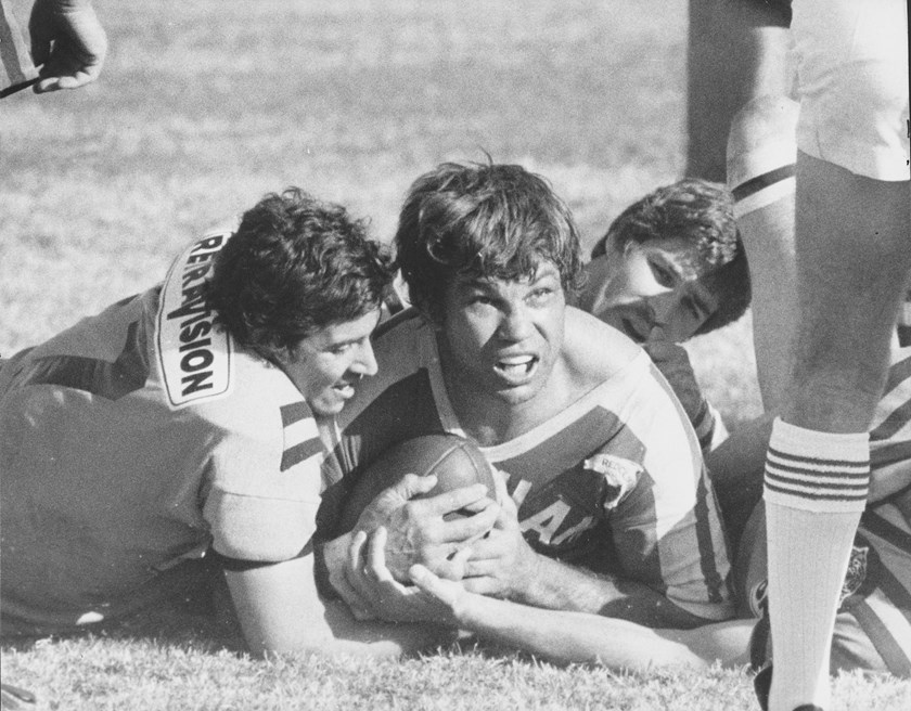 Artie Beetson crashes over for a try during his playing days at Redcliffe.
