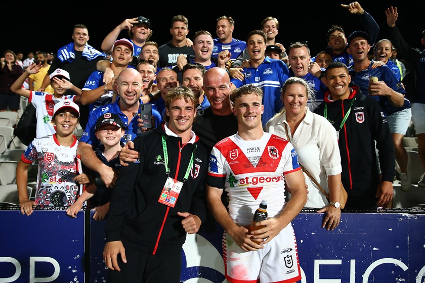 Couchman celebrates his NRL debut with parents Ben and Bec, twin Ryan and members of his junior club  