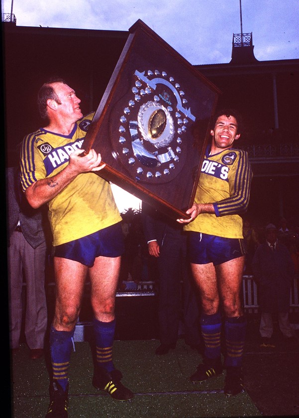 Bob O'Reilly (left) and Eels skipper Steve Edge after the 1981 grand final win over Newtown.