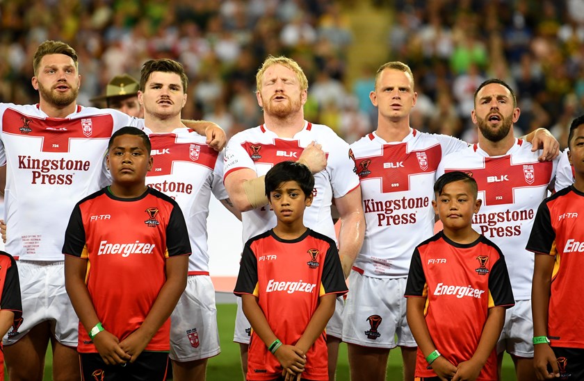 James Graham (centre) and England team-mates sing the national anthem before the 2017 World Cup final