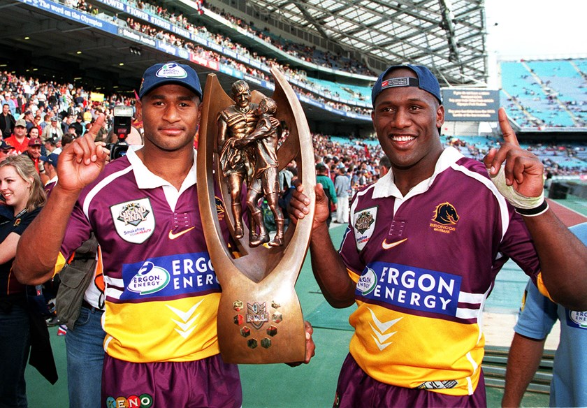 Wendell Sailor and Lote Tuqiri after Brisbane's 2000 grand final win