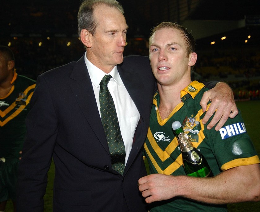 Bennett and Kangaroos captain Darren Lockyer after the 2004 Tri-Nations final in England