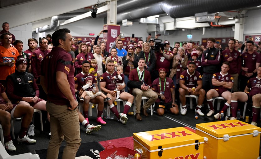 Billy Slater addresses the Maroons after securing the series in Origin II
