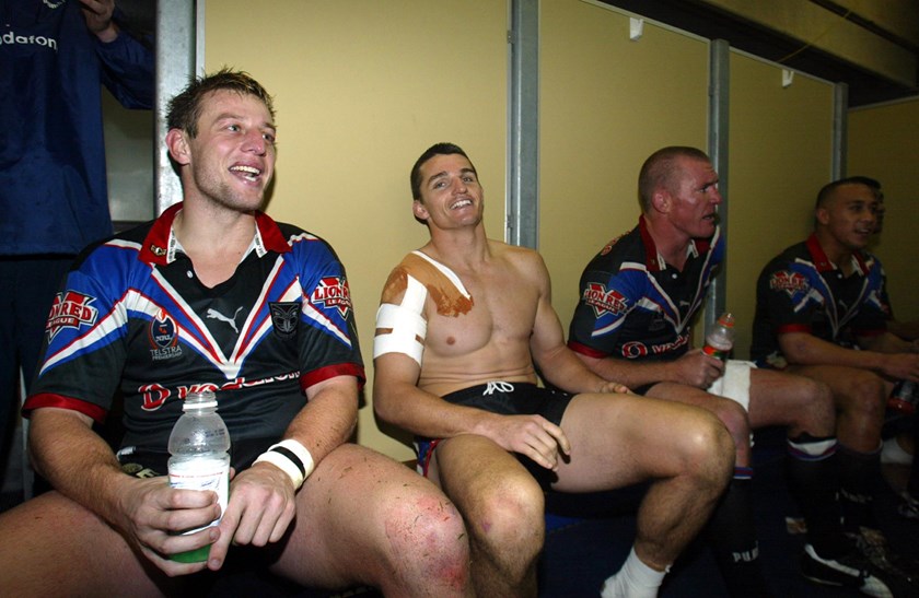 Kevin Campion with Justin Morgan and Ivan Cleary in the Warriors dressing room 