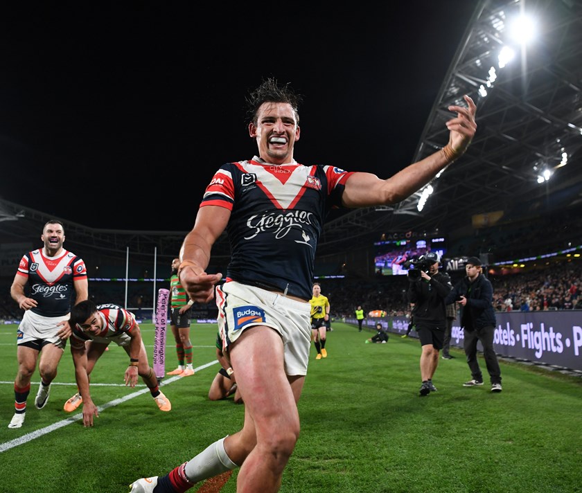 Billy Smith celebrates his try against the Rabbitohs