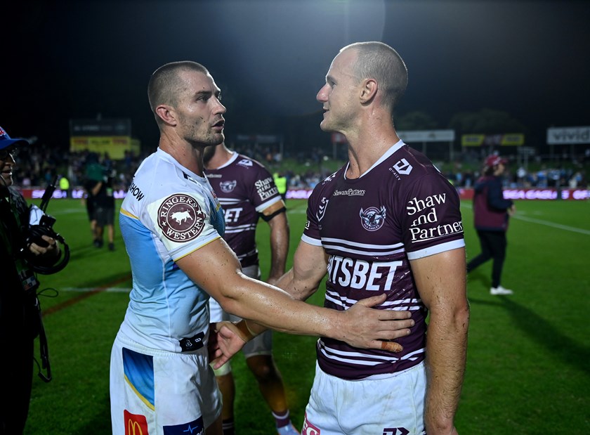 Foran and Cherry-Evans embrace after clashing in Round 9 of the 2023 Telstra Premiership season.