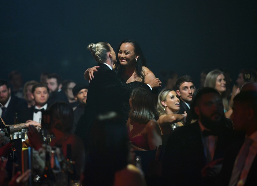 Brigginshaw and Hunt embrace at the Dally M awards last September after Hunt was awarded the Provan-Summons medal for her courage. 