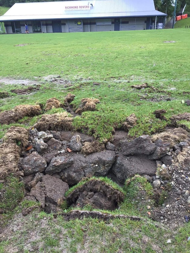 The sinkhole which has opened up on Richmond's main field after the flood. Photo: Supplied