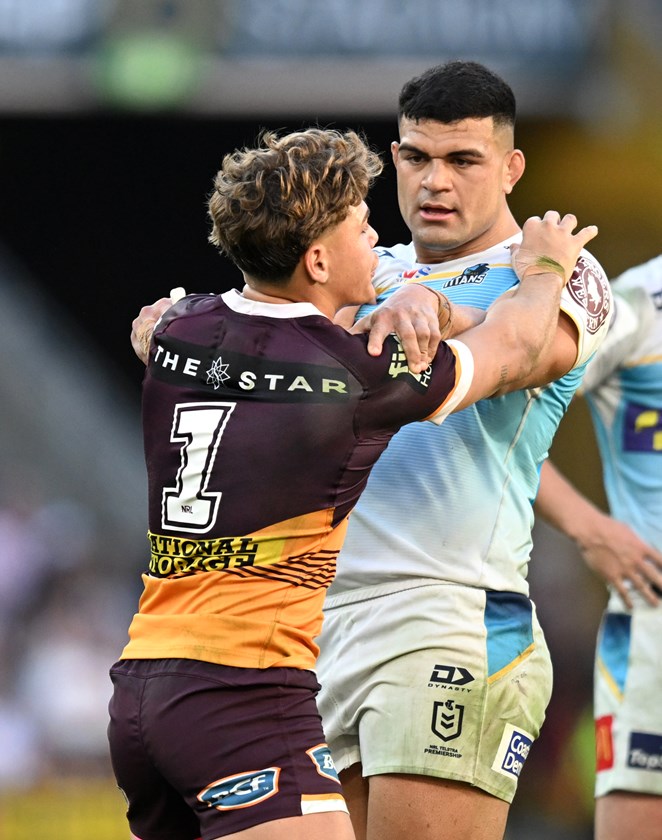 David Fifita and Reece Walsh get involved in an altercation after the penalty.