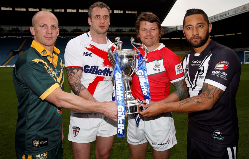 Lee Briers with rival 2011 4 Nations captains Darren Lockyer, Jamie Peacock and Benji Marshall