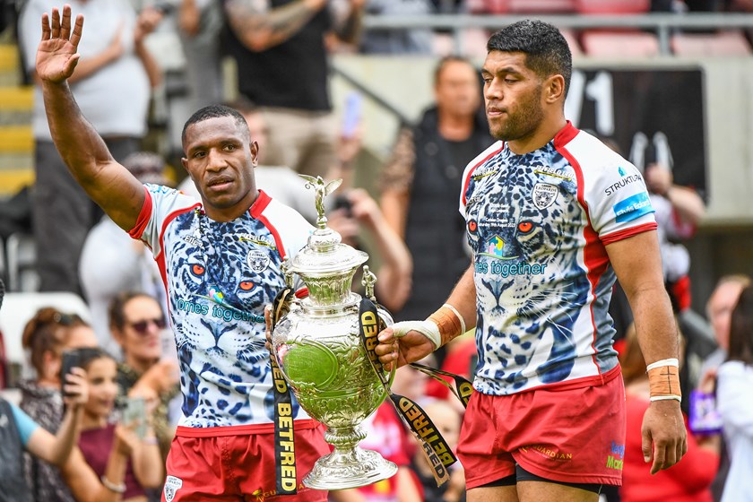 Edwin Ipape and John Asiata celebrate Leigh's Challenge Cup triumph.