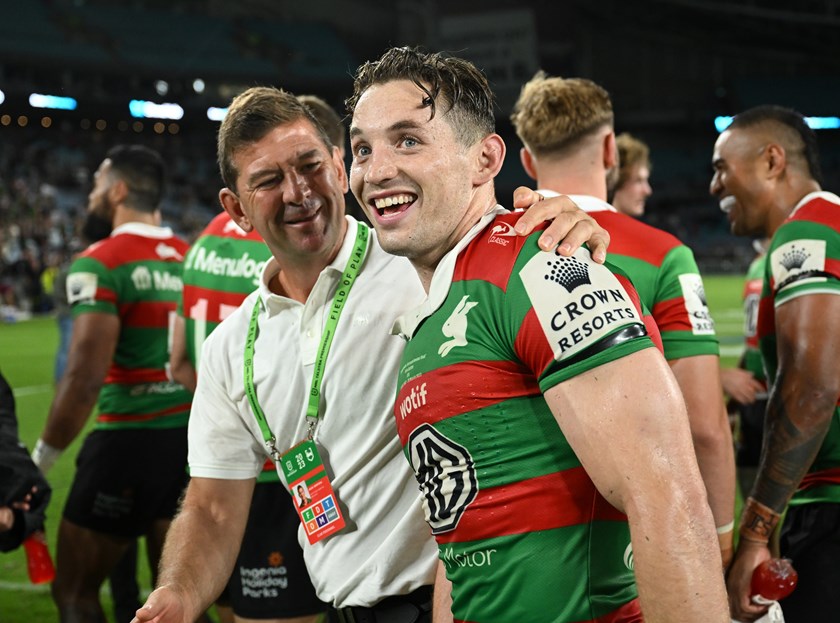 Jason Demetriou with Rabbitohs captain Cameron Murray.