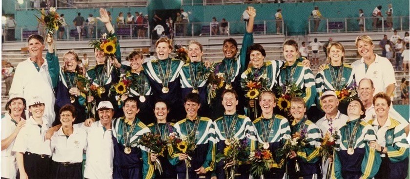 Louise Dobson (front row, fifth player from left) celebrates the Hockeyroos' gold medal win in 1996.