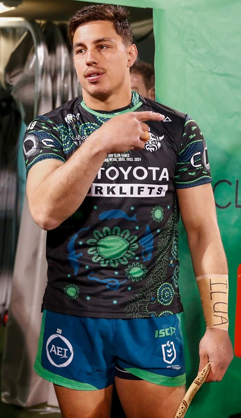 Joe Tapine is passionate about Indigenous Round and the chance to honour wife Kirsten and daughter Ilua, whose name is written on his wrist tape.