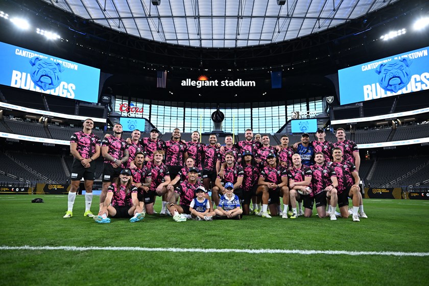 Bulldogs players at Allegiant Stadium ahead of the season opener against the Dragons. 